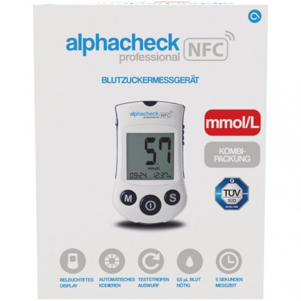 alphacheck professional NFC Blutzuckermessgerät Set mmol/l von ALPHACHECK