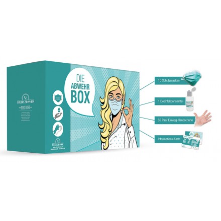 "Abwehr Box" mit 10 St. Mund-Nasenschutz-Masken, 100 ml Desinfektionsgel & 50 Paar Einweghandschuhe von Erler- Zimmer GmbH & Co. KG